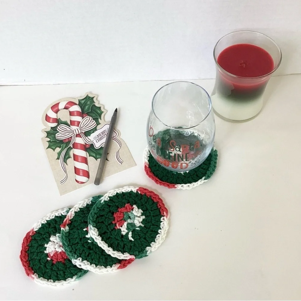 Coaster Set Hand Crafted Red White Green Christmas Holidays Crochet